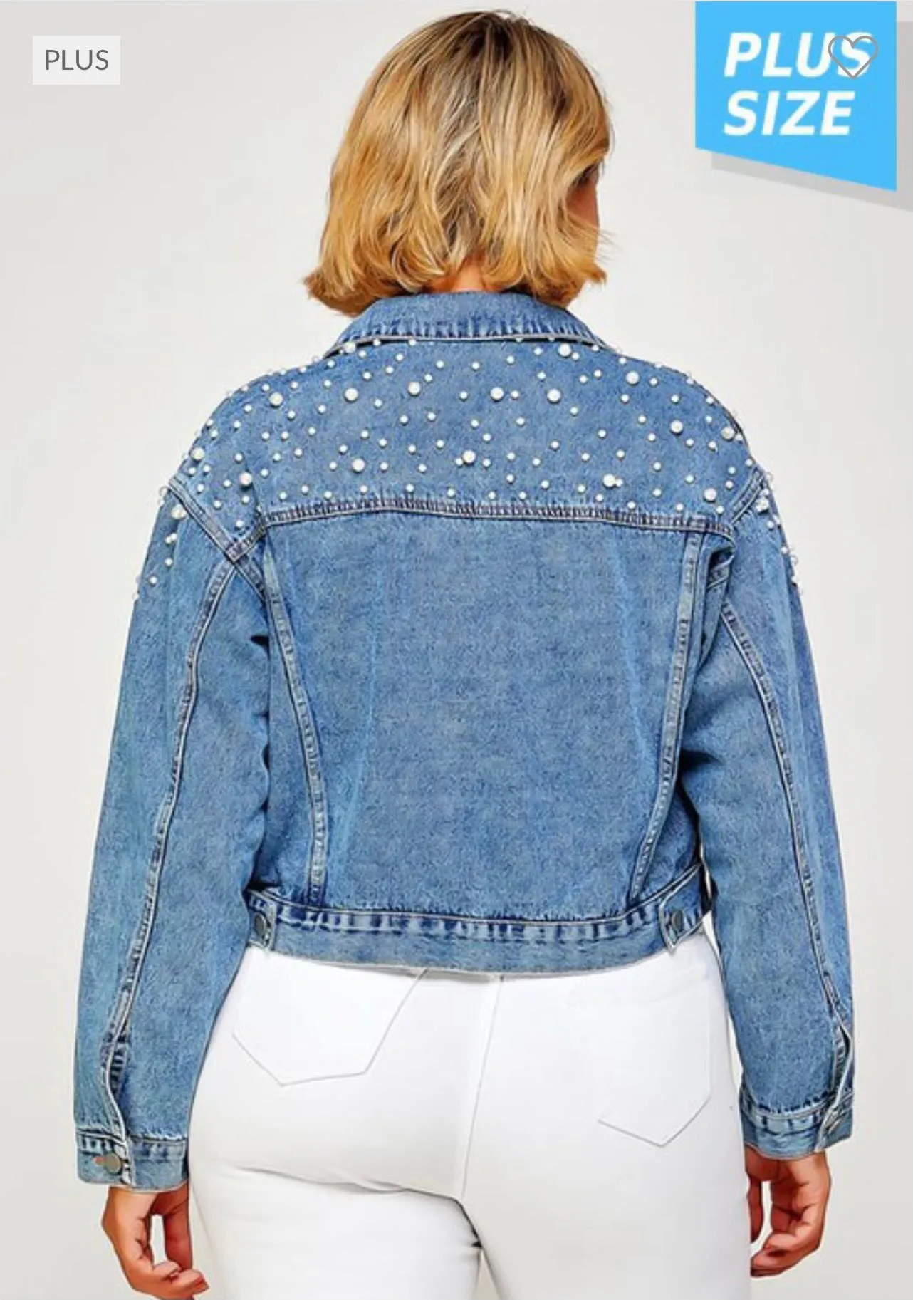41 OT-B  {Elegant Denim} Denim Jacket with Pearl Detail (RUNS SMALL) PLUS SIZE 1X/2X 2X/3X