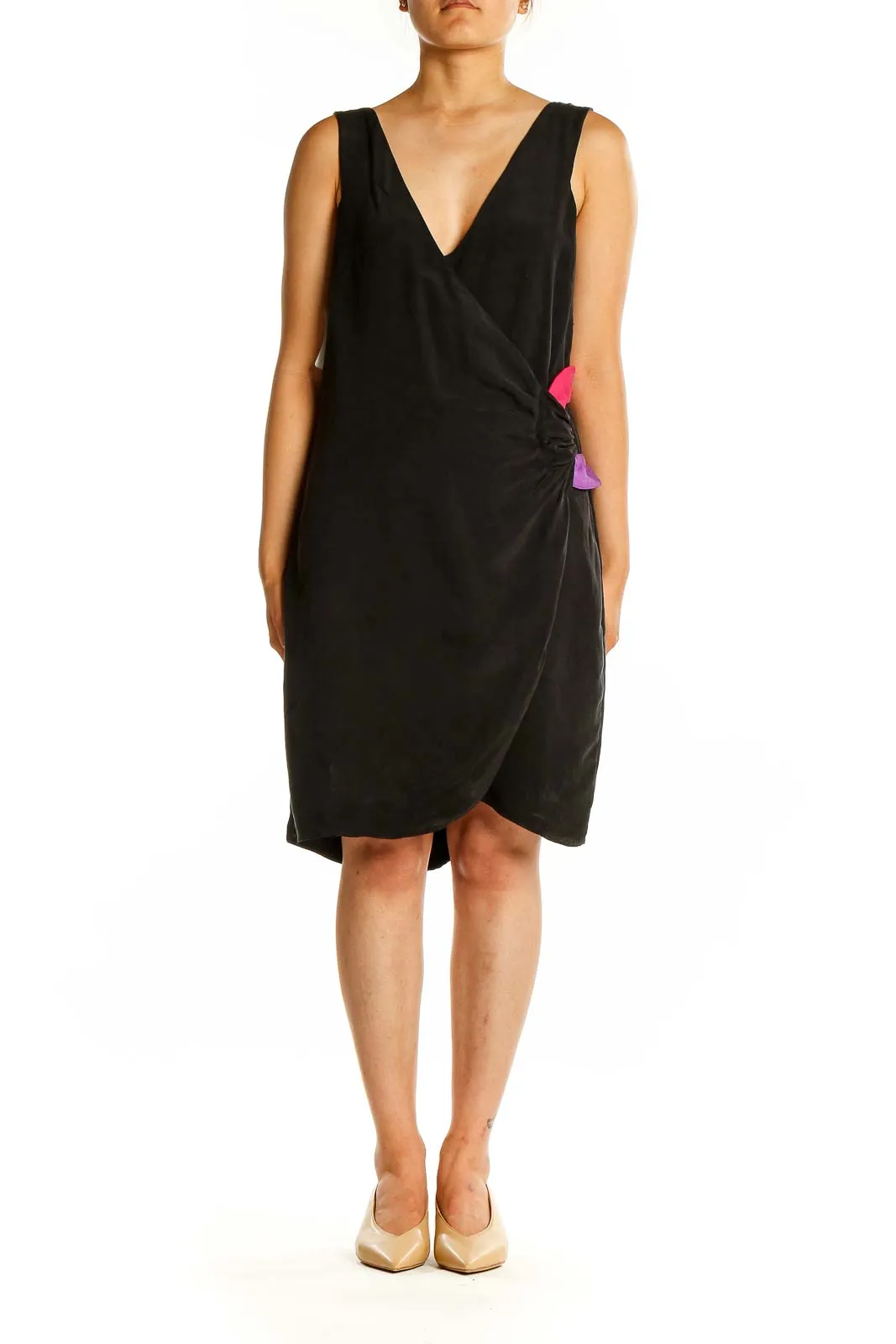 Black Silk Wrap Dress with Colorful Accents