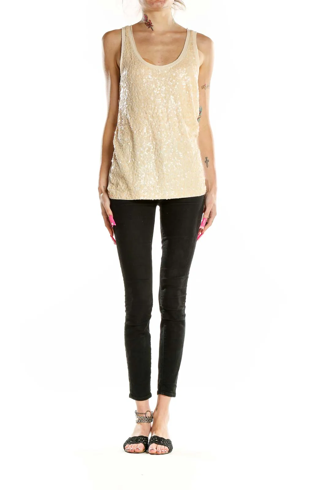 Cream Sequined Tank Top