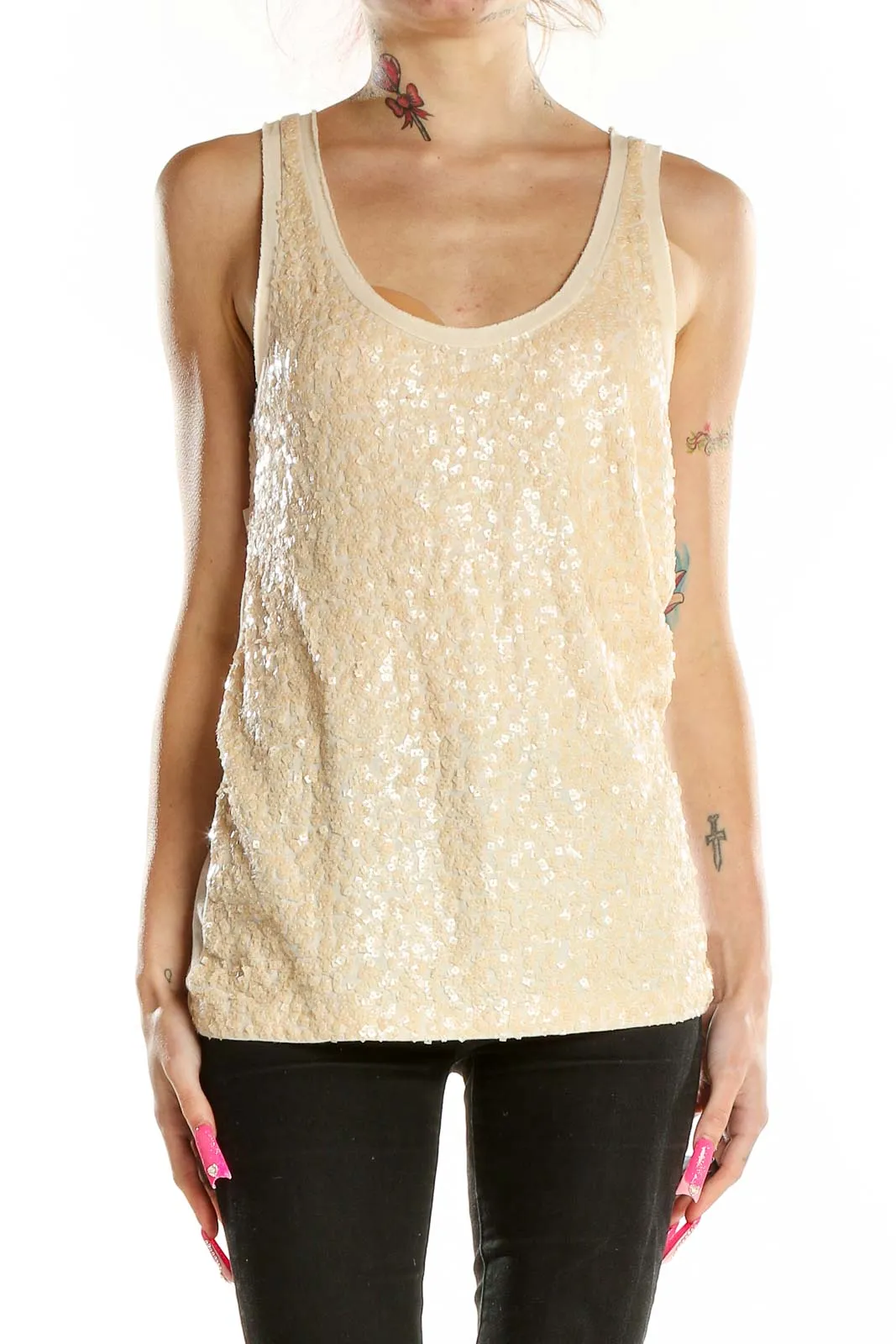 Cream Sequined Tank Top