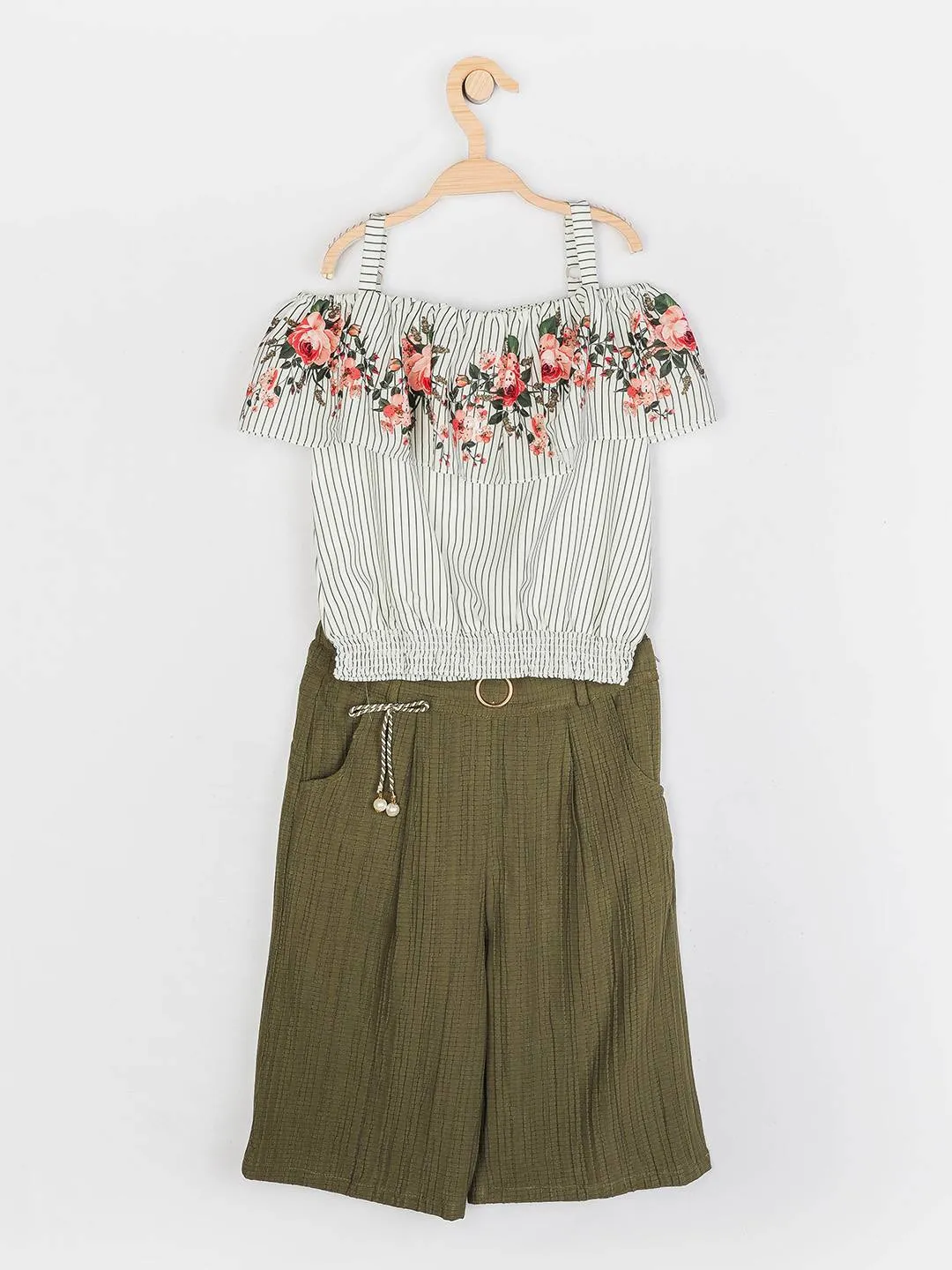 Girls Olive Regular Culottes Top Set 13058