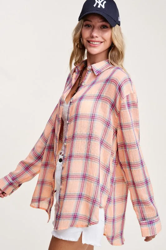 *LIGHTWEIGHT PLAID BUTTON DOWN SALMON/PINK/MULTI