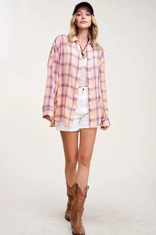 *LIGHTWEIGHT PLAID BUTTON DOWN SALMON/PINK/MULTI