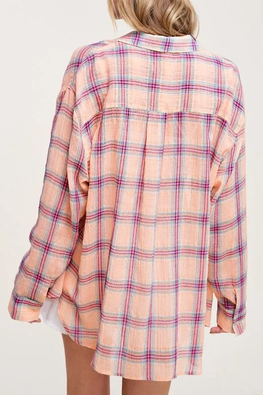 *LIGHTWEIGHT PLAID BUTTON DOWN SALMON/PINK/MULTI