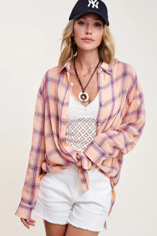 *LIGHTWEIGHT PLAID BUTTON DOWN SALMON/PINK/MULTI