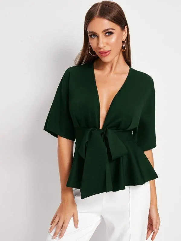 Plunging Tie Front Peplum Top
