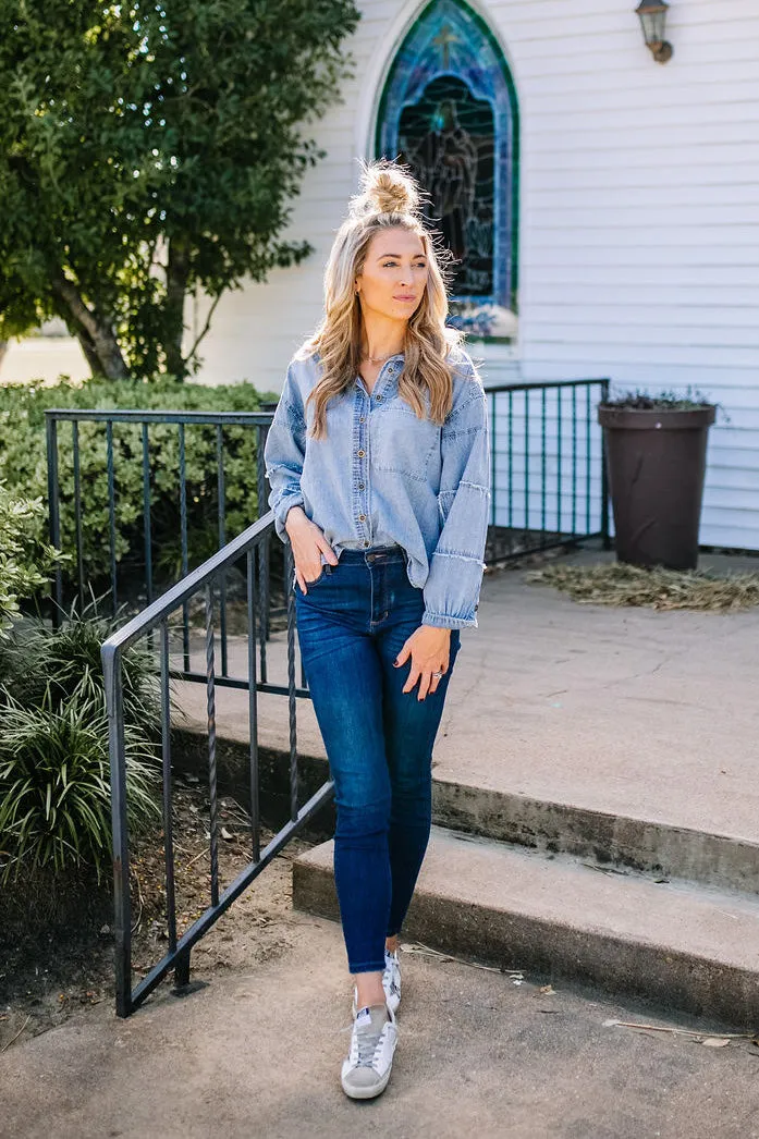 Preston Patch Denim Button Down Top | FINAL SALE
