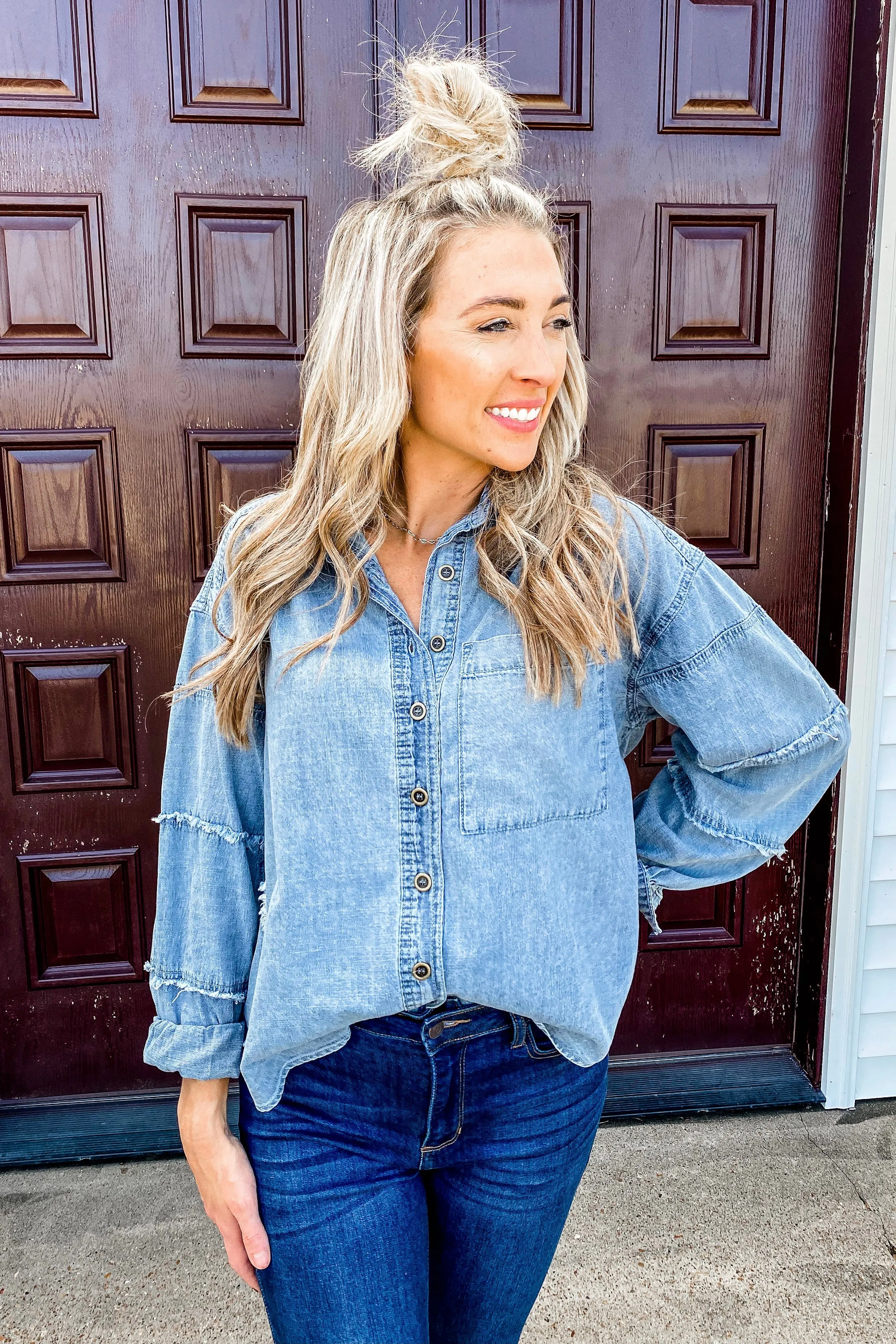Preston Patch Denim Button Down Top | FINAL SALE