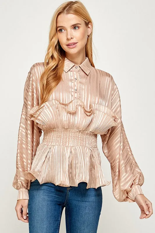 Taupe Front Button Peplum Top